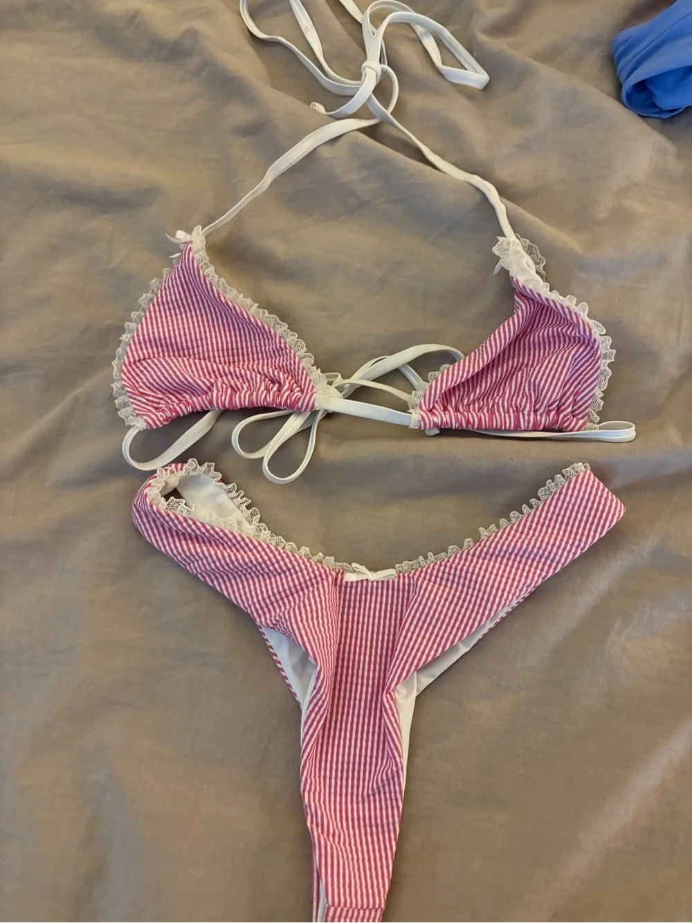 Frankies Bikinis Pink with white stripes bikini set